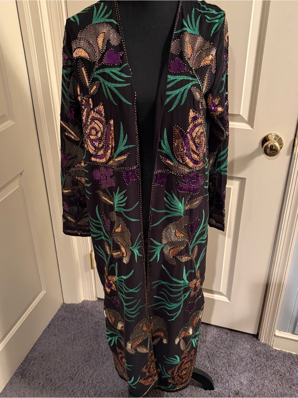 Nasty Gal Black Beaded Floral Sequin Duster Coat with Green and Purple Accents